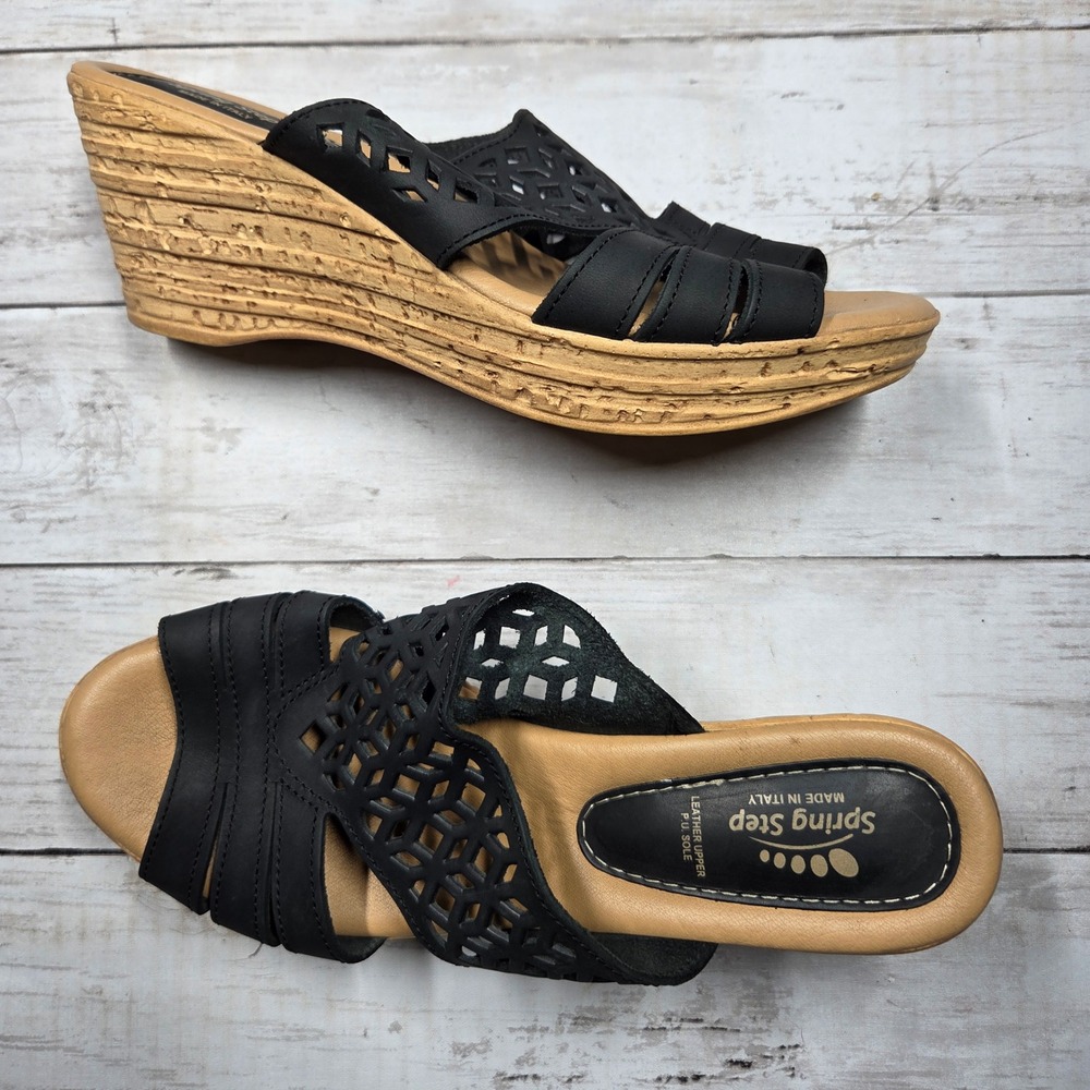 Spring Step Laser Cut Leather Wedge Slide Mule Sandals Womens 9 Black Italy